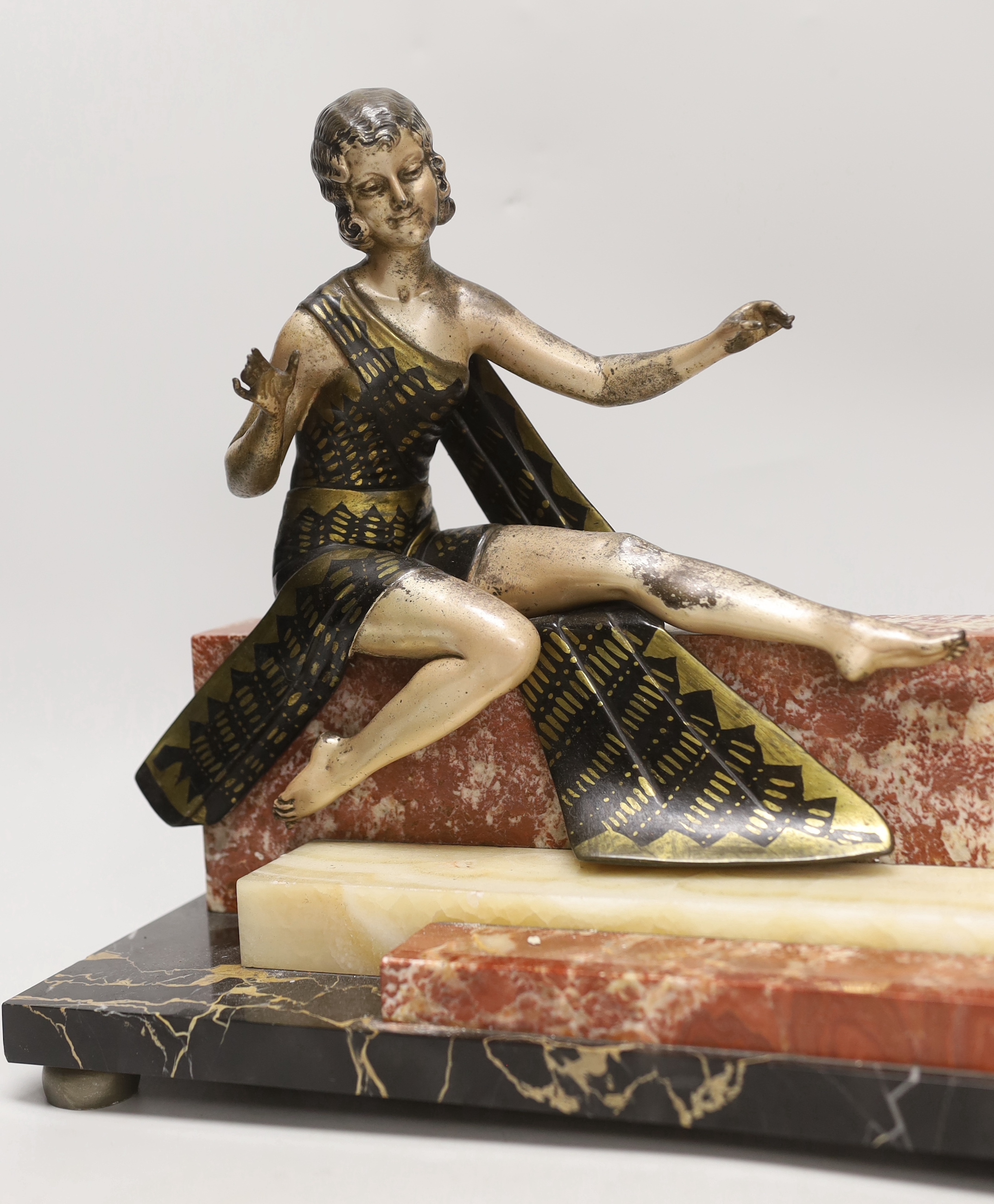 An Art Deco style spelter and marble figural lamp, 45cm wide